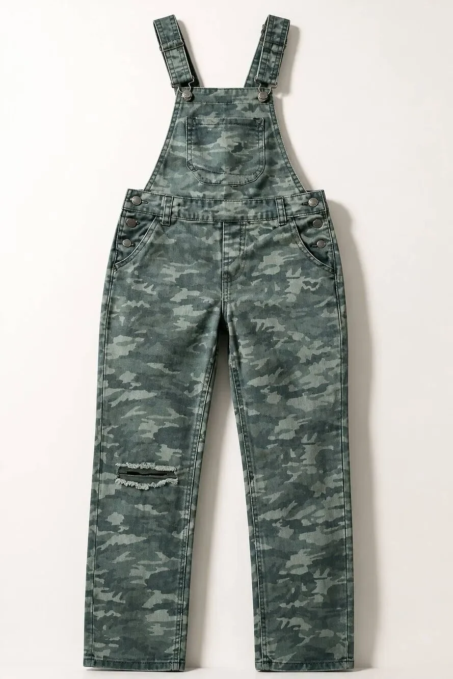 🔹️Vanilla Star Green Camouflage Distressed Leg Denim Overalls Small